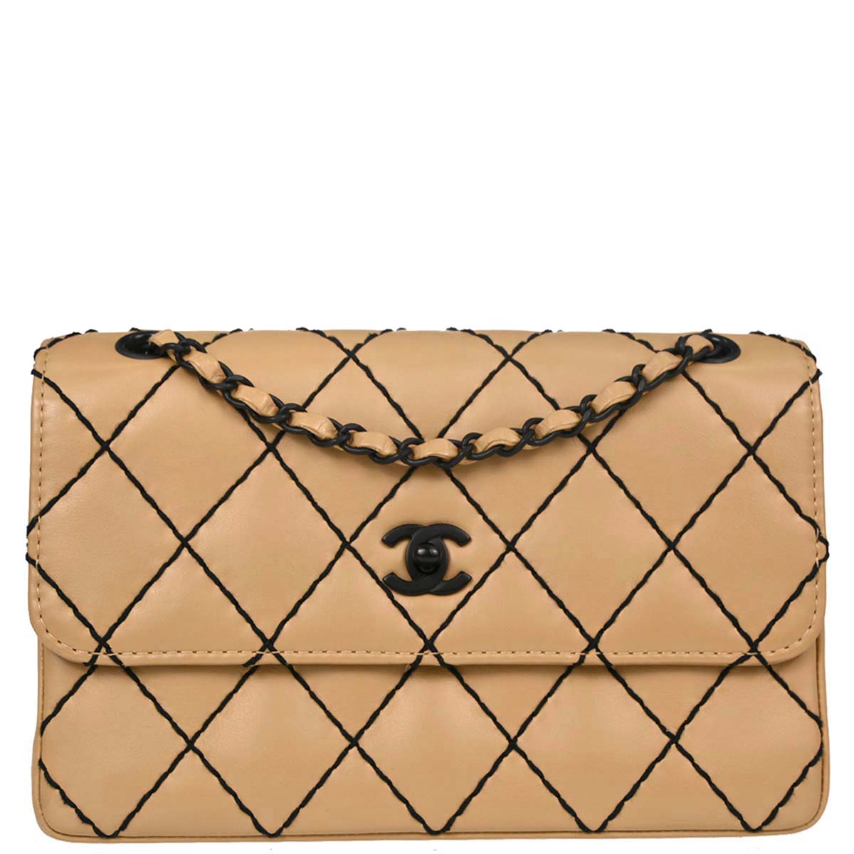 Chanel 2000-2002 Beige Calfskin Wild Stitch Straight Flap Shoulder Bag