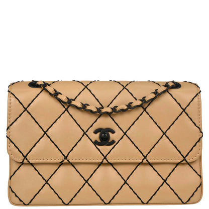Chanel 2000-2002 Beige Calfskin Wild Stitch Straight Flap Shoulder Bag