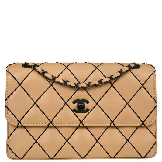 Chanel 2000-2002 Beige Calfskin Wild Stitch Straight Flap Shoulder Bag