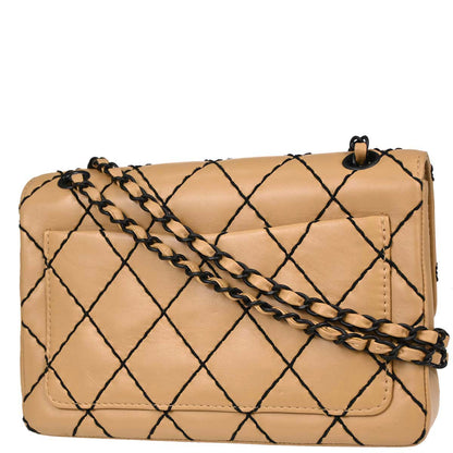 Chanel 2000-2002 Beige Calfskin Wild Stitch Straight Flap Shoulder Bag