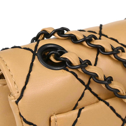 Chanel 2000-2002 Beige Calfskin Wild Stitch Straight Flap Shoulder Bag
