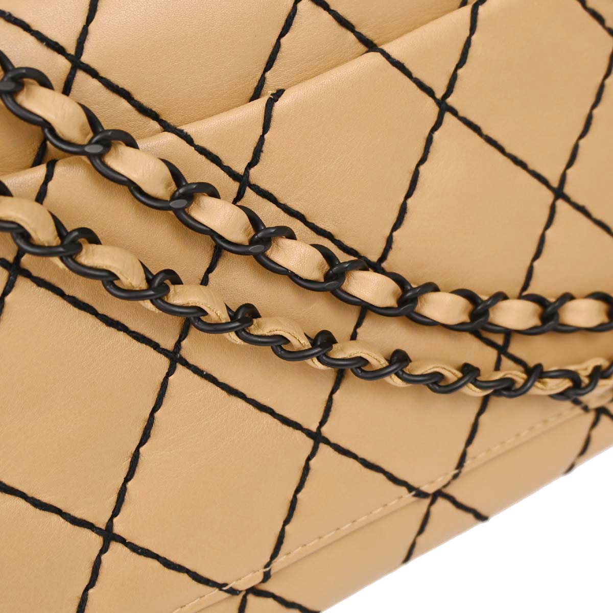 Chanel 2000-2002 Beige Calfskin Wild Stitch Straight Flap Shoulder Bag
