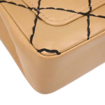 Chanel 2000-2002 Beige Calfskin Wild Stitch Straight Flap Shoulder Bag