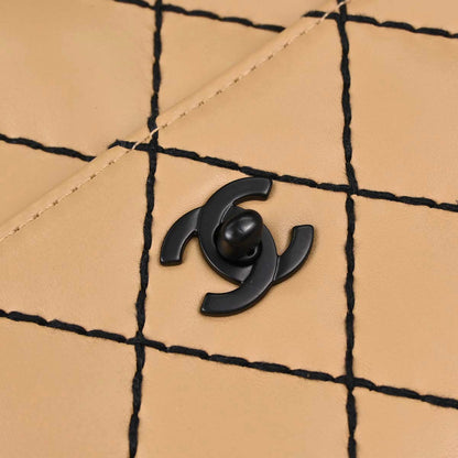 Chanel 2000-2002 Beige Calfskin Wild Stitch Straight Flap Shoulder Bag