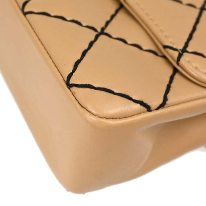 Chanel 2000-2002 Beige Calfskin Wild Stitch Straight Flap Shoulder Bag