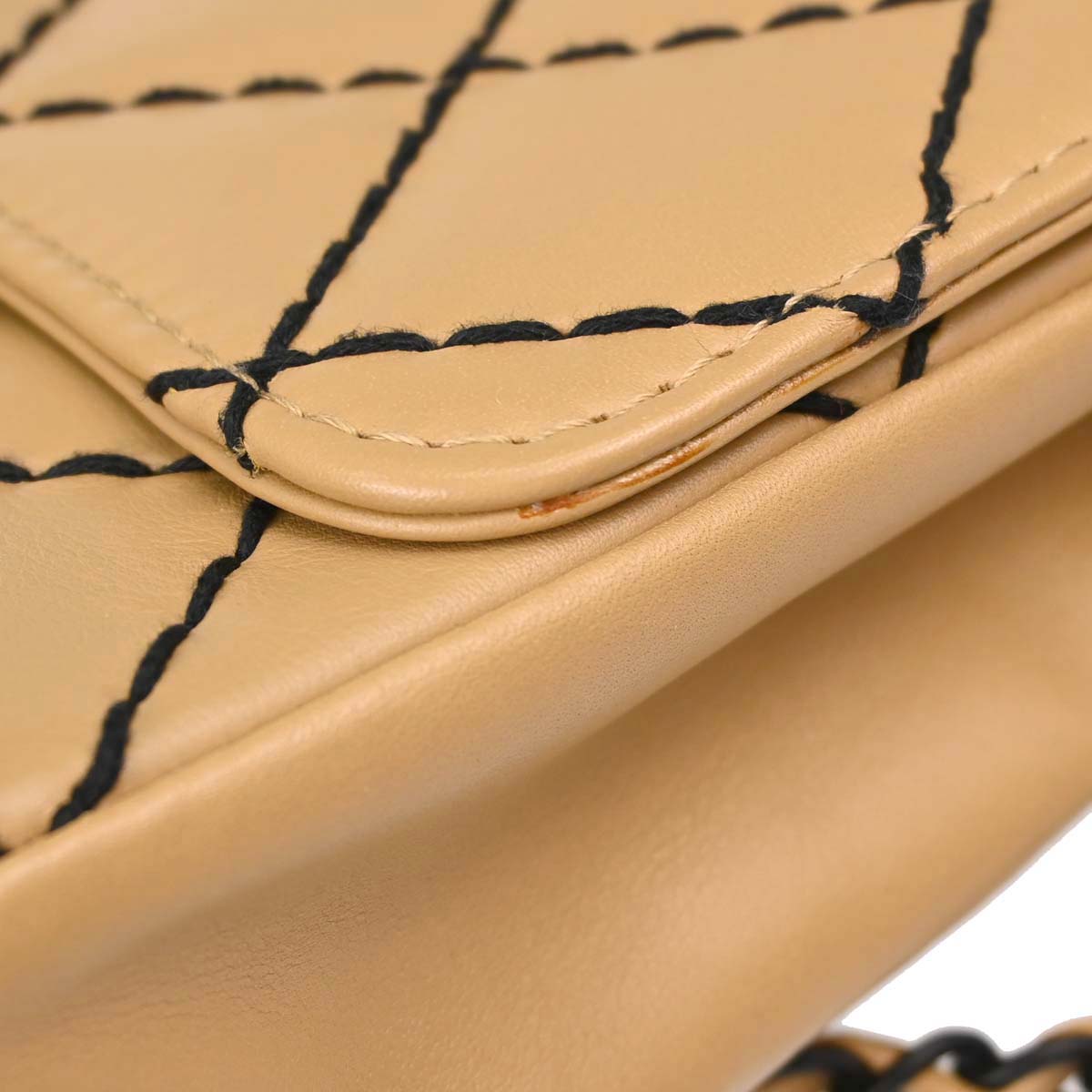 Chanel 2000-2002 Beige Calfskin Wild Stitch Straight Flap Shoulder Bag