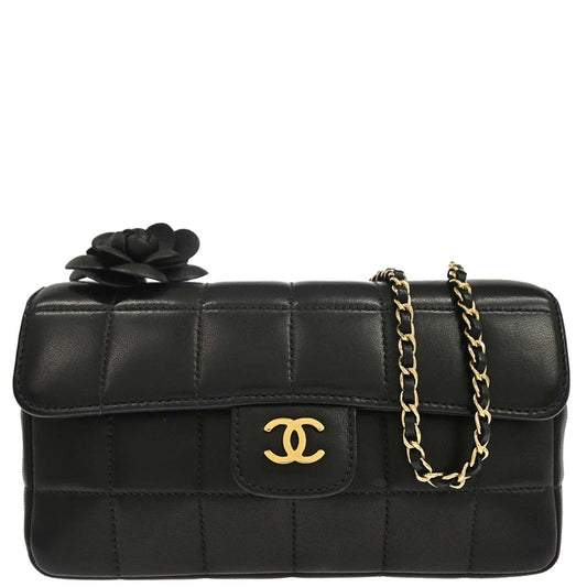 Chanel Black Lambskin Choco Bar Camellia Shoulder Bag