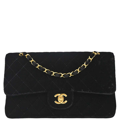 Chanel 1994-1996 Black Velvet Medium Classic Double Flap Shoulder Bag
