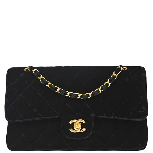 Chanel 1994-1996 Black Velvet Medium Classic Double Flap Shoulder Bag