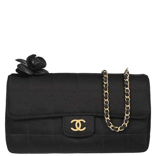 Chanel 2006-2008 Black Satin Camellia Choco Bar Shoulder Bag