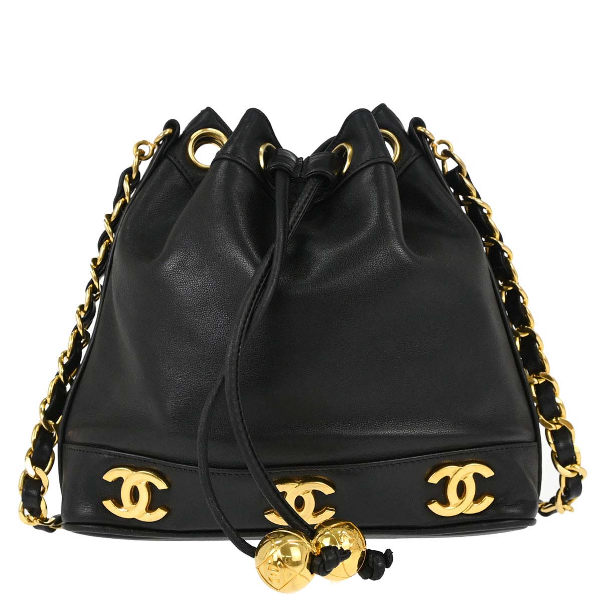 Chanel 1991-1994 Black Lambskin Triple CC Drawstring Shoulder Bag