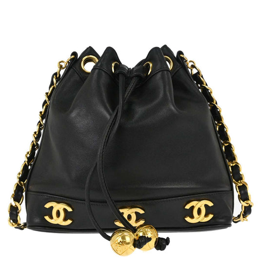 Chanel 1991-1994 Black Lambskin Triple CC Drawstring Shoulder Bag