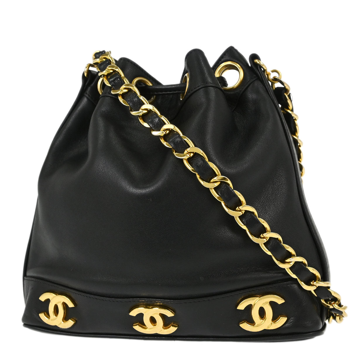 Chanel 1991-1994 Black Lambskin Triple CC Drawstring Shoulder Bag
