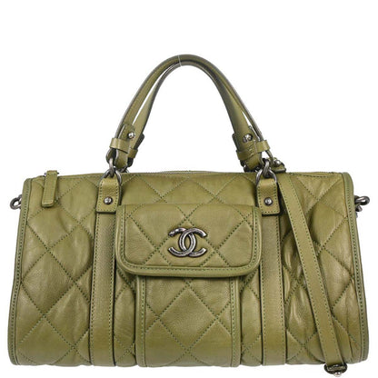 Chanel Green Calfskin Casual Riviera Bowling Bag 2way Shoulder Handbag