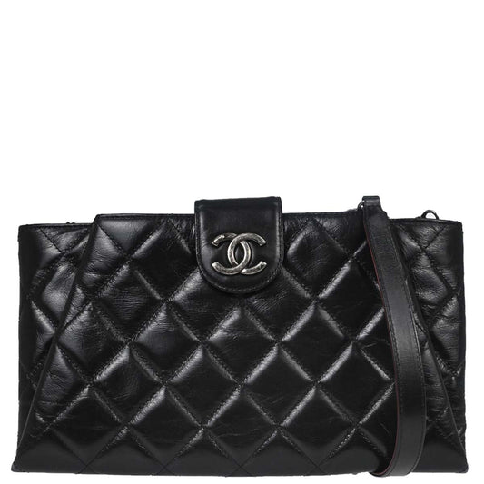 Chanel Black Glazed Calfskin Coco Pleats Shoulder Bag