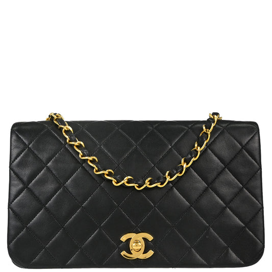 Chanel 1989-1991 Black Lambskin Turnlock Small Full Flap Shoulder Bag