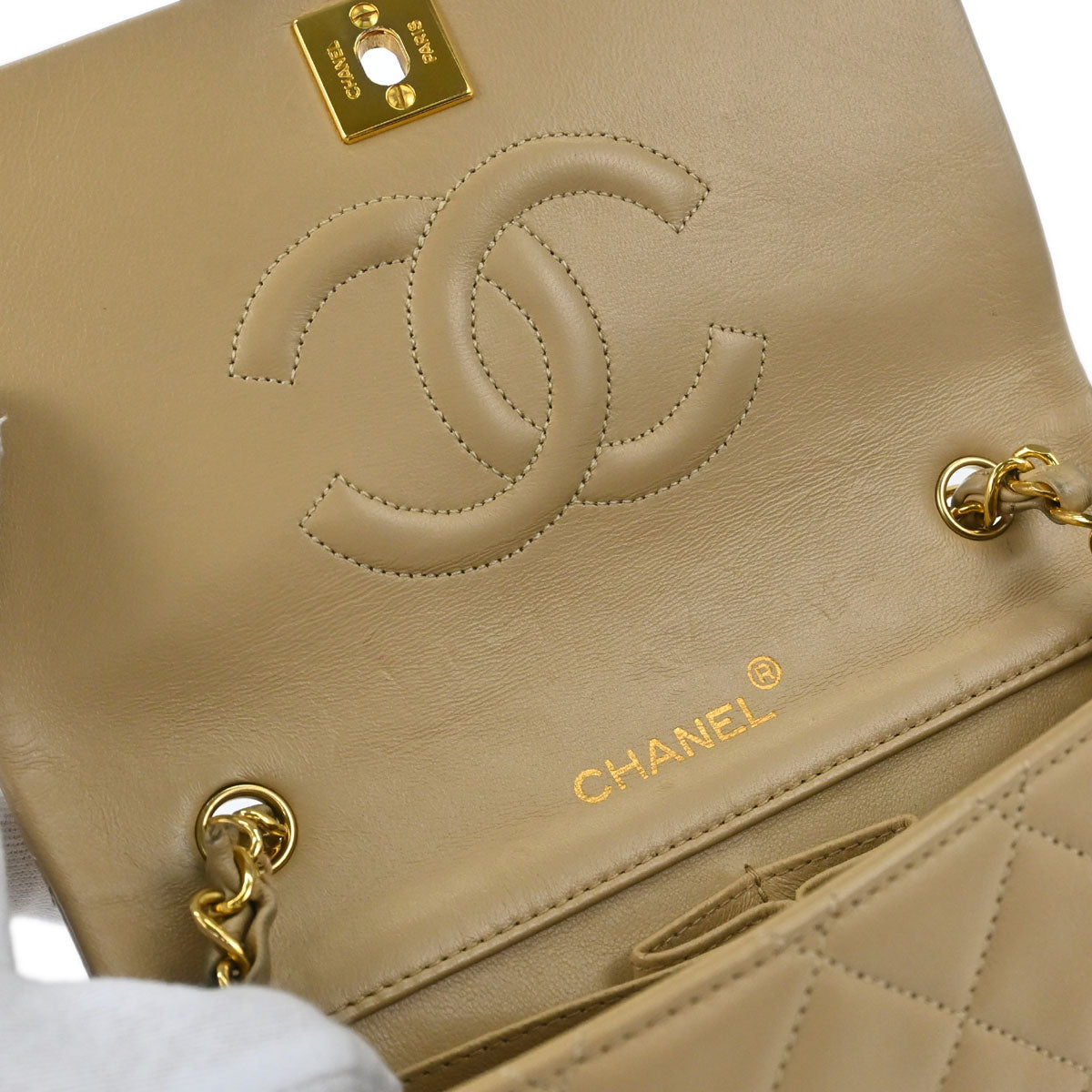 Chanel Beige Lambskin Turnlock Mini Full Flap Shoulder Bag