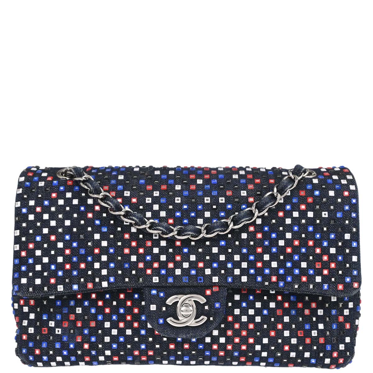 Chanel Navy Denim Crystal Medium Classic Double Flap Shoulder Bag
