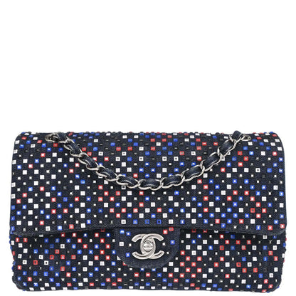 Chanel Navy Denim Crystal Medium Classic Double Flap Shoulder Bag