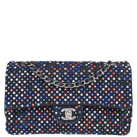 Chanel Navy Denim Crystal Medium Classic Double Flap Shoulder Bag