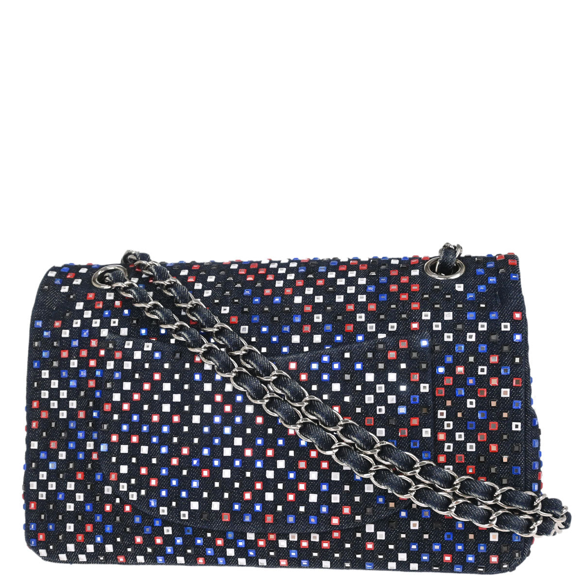 Chanel Navy Denim Crystal Medium Classic Double Flap Shoulder Bag