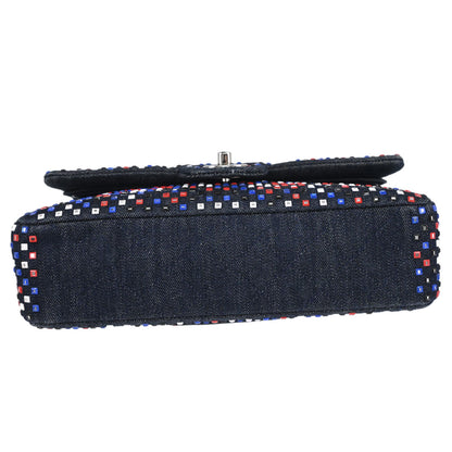 Chanel Navy Denim Crystal Medium Classic Double Flap Shoulder Bag