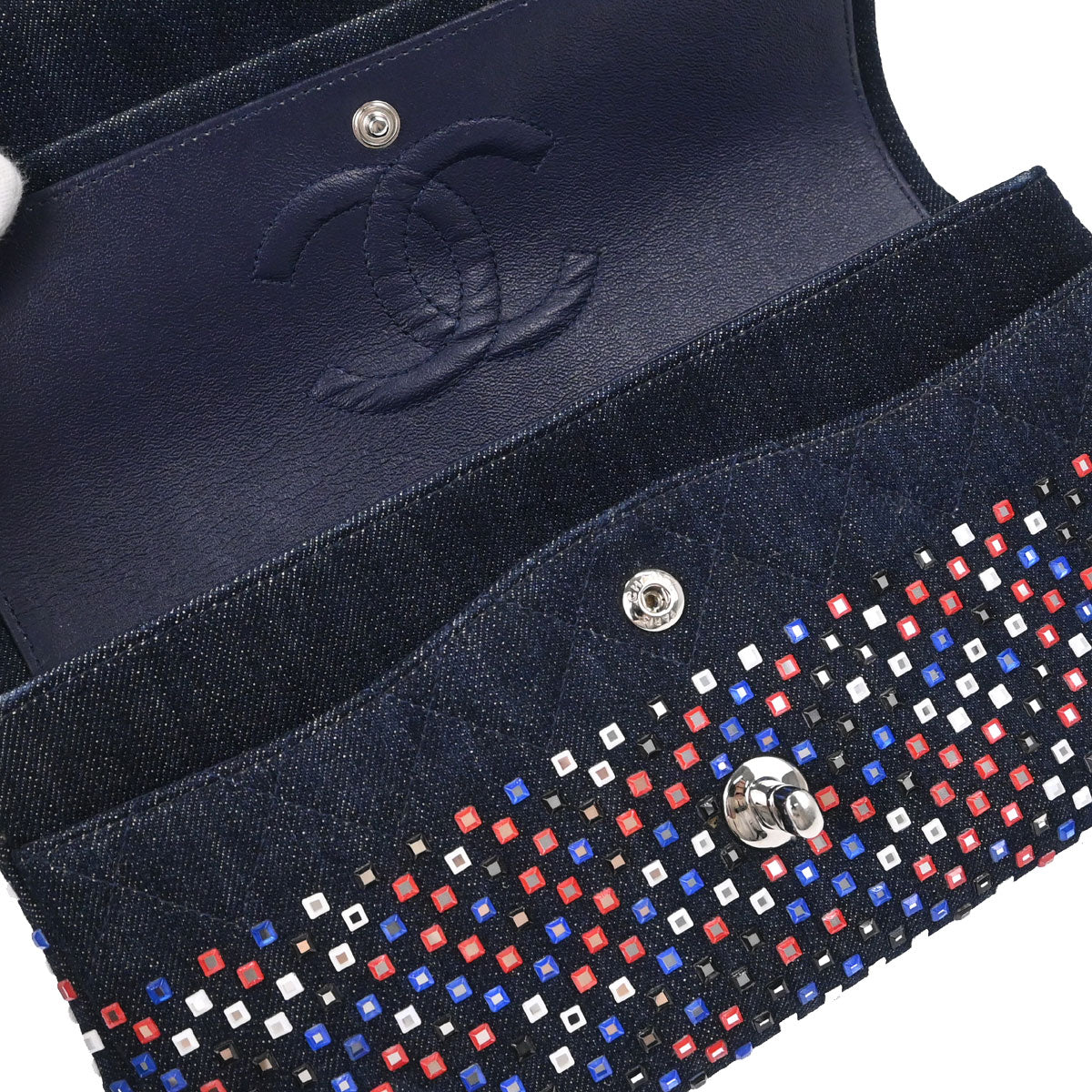 Chanel Navy Denim Crystal Medium Classic Double Flap Shoulder Bag