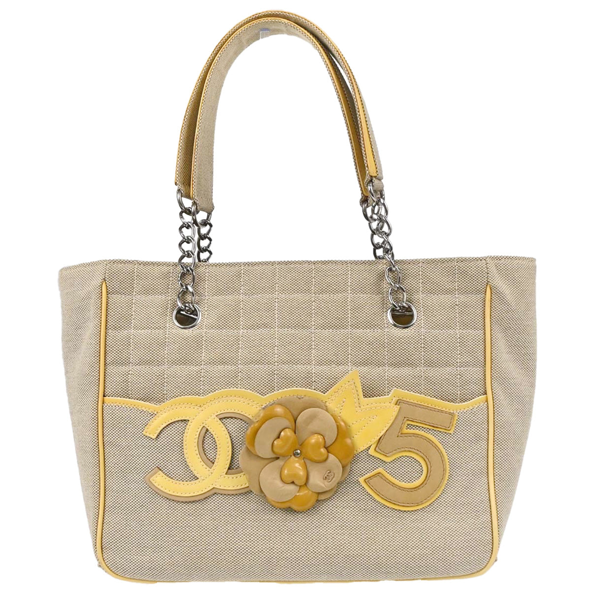 Chanel Black Yellow Canvas Camellia No.5 CC Tote Handbag