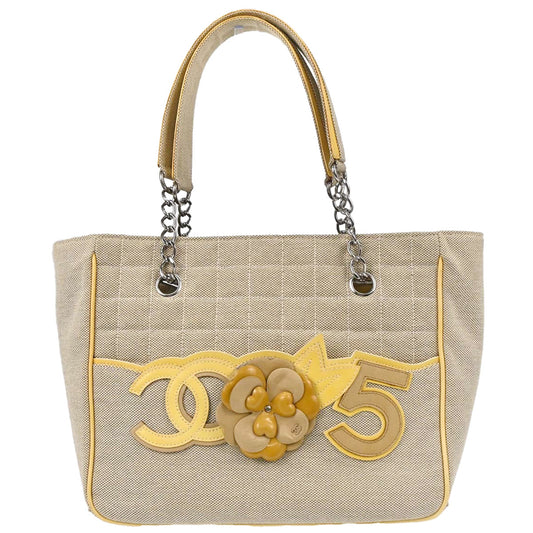 Chanel Black Yellow Canvas Camellia No.5 CC Tote Handbag