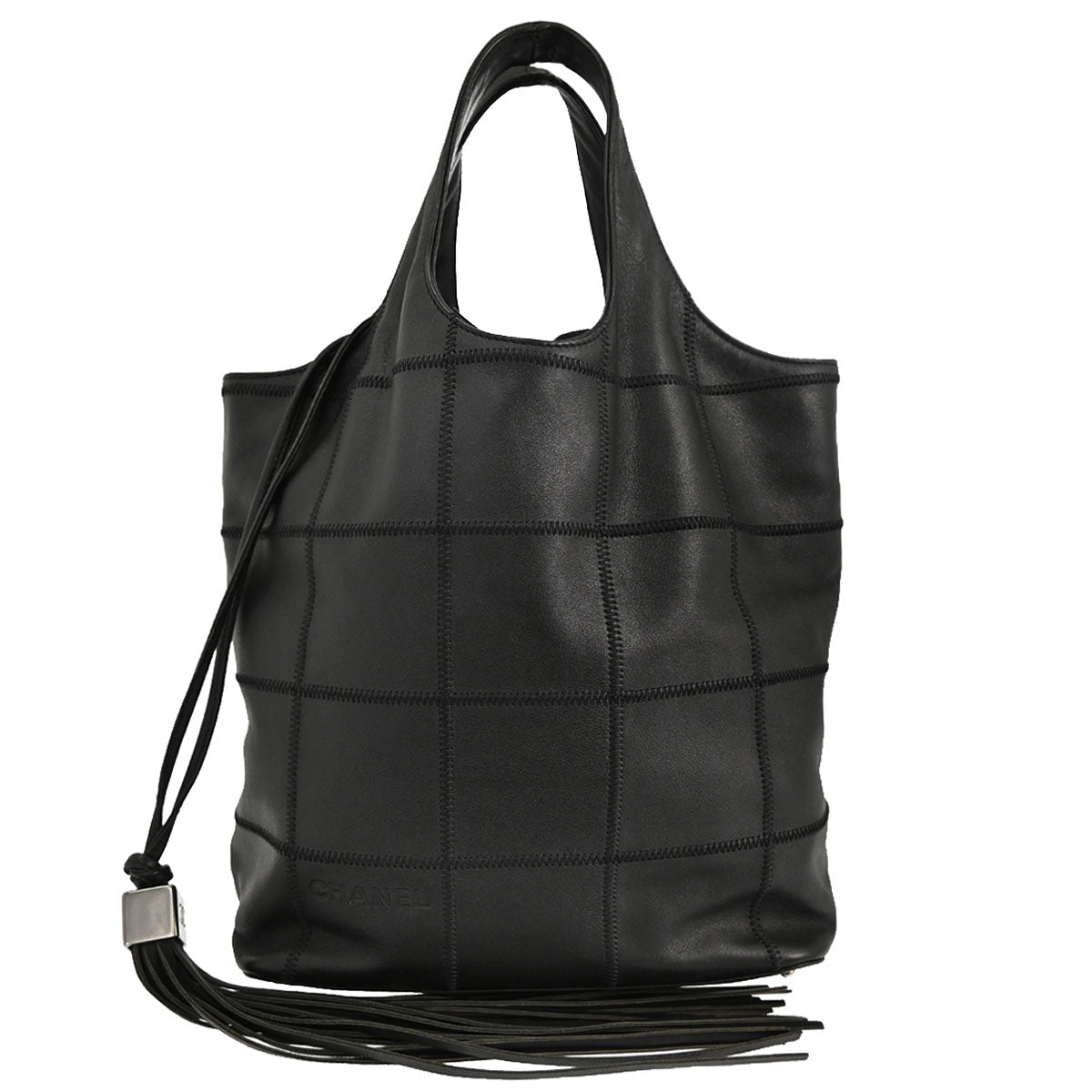 Chanel 2001-2003 Black Calfskin Choco Bar Wild Stitch Fringe Tote Handbag