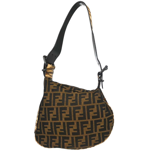 Fendi * Brown Canvas Lizard Zucca Wood Panel Oyster Hobo Handbag