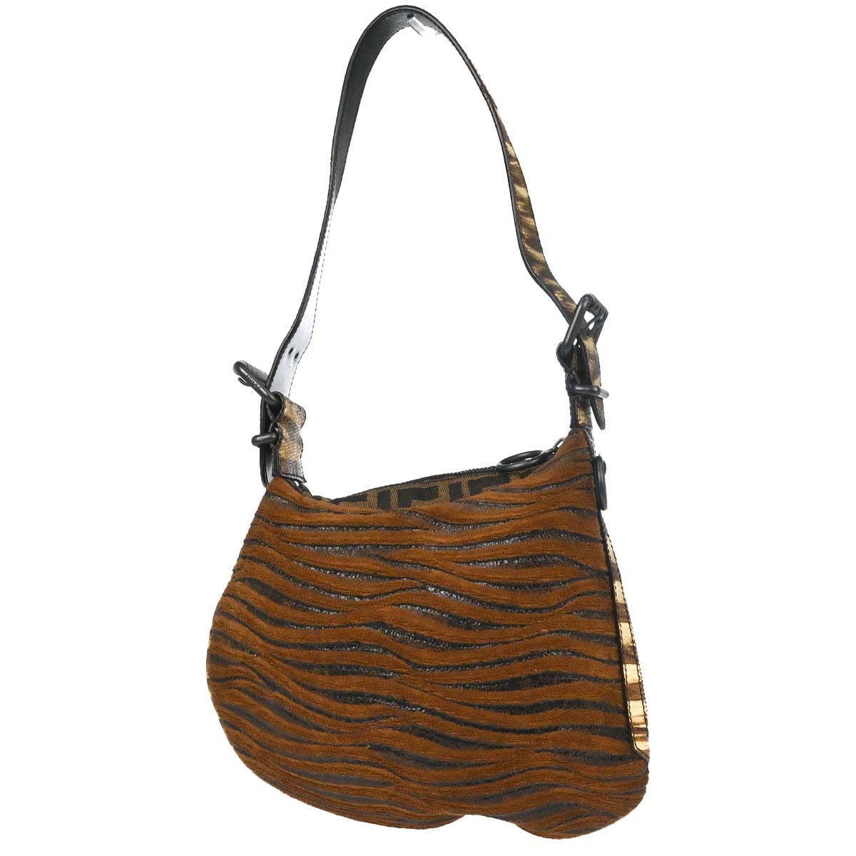 Fendi * Brown Canvas Lizard Zucca Wood Panel Oyster Hobo Handbag