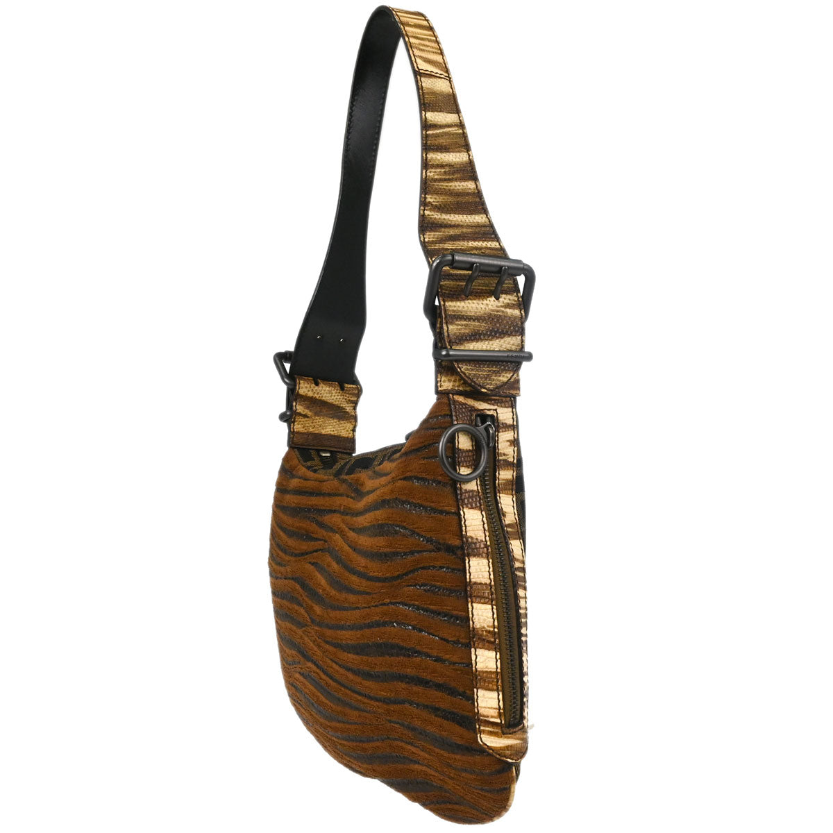 Fendi * Brown Canvas Lizard Zucca Wood Panel Oyster Hobo Handbag