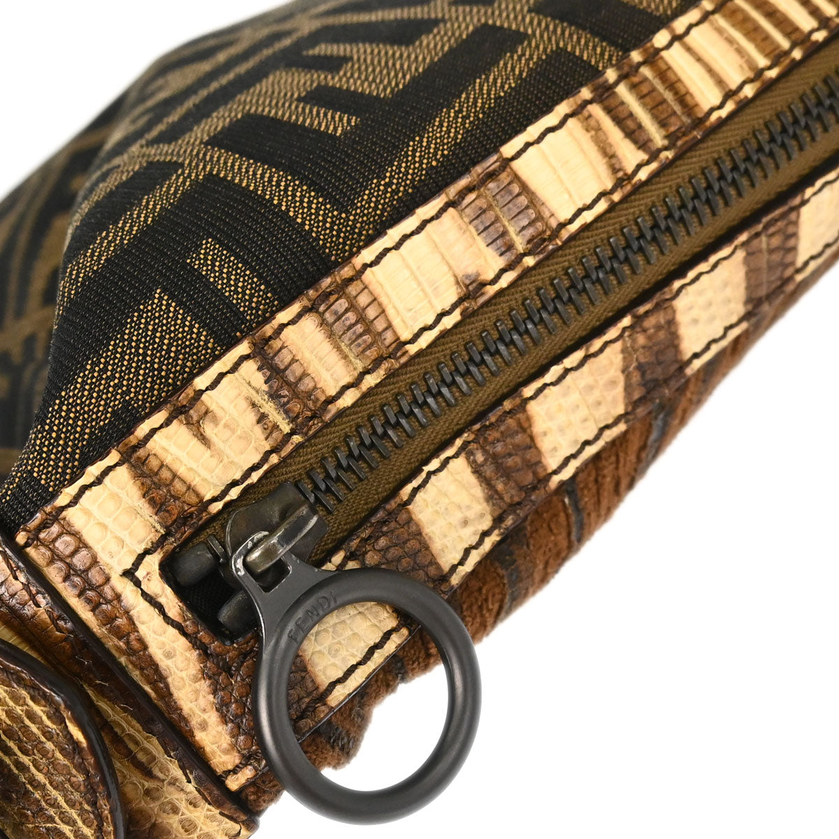 Fendi * Brown Canvas Lizard Zucca Wood Panel Oyster Hobo Handbag
