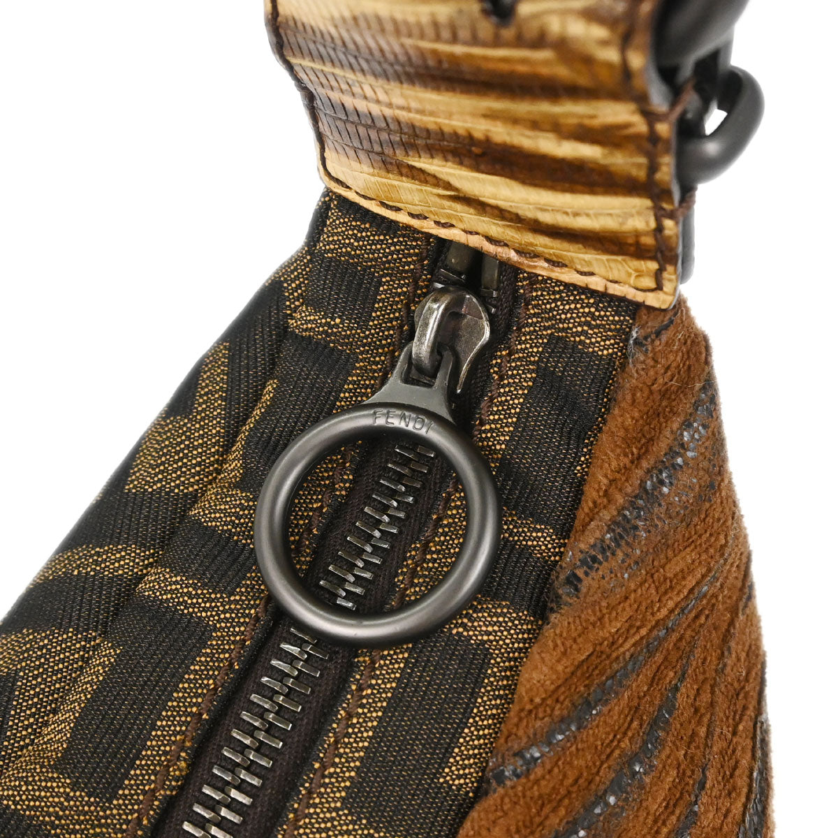 Fendi * Brown Canvas Lizard Zucca Wood Panel Oyster Hobo Handbag