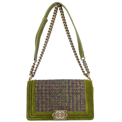 Boy Chanel Green Velvet Tweed Medium Shoulder Bag