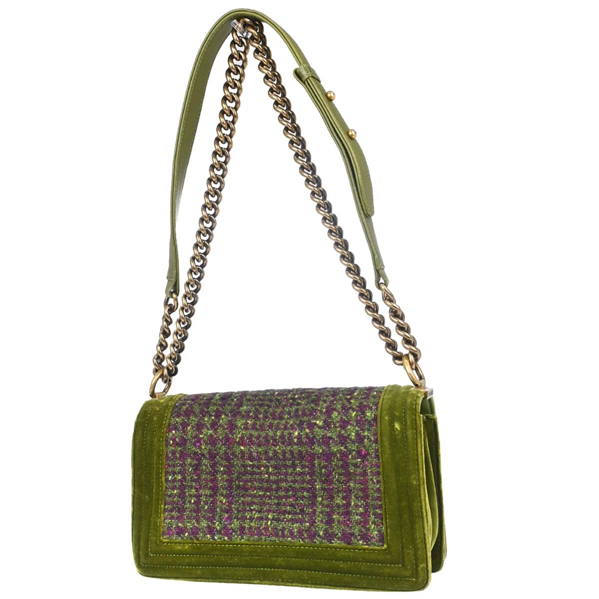 Boy Chanel Green Velvet Tweed Medium Shoulder Bag