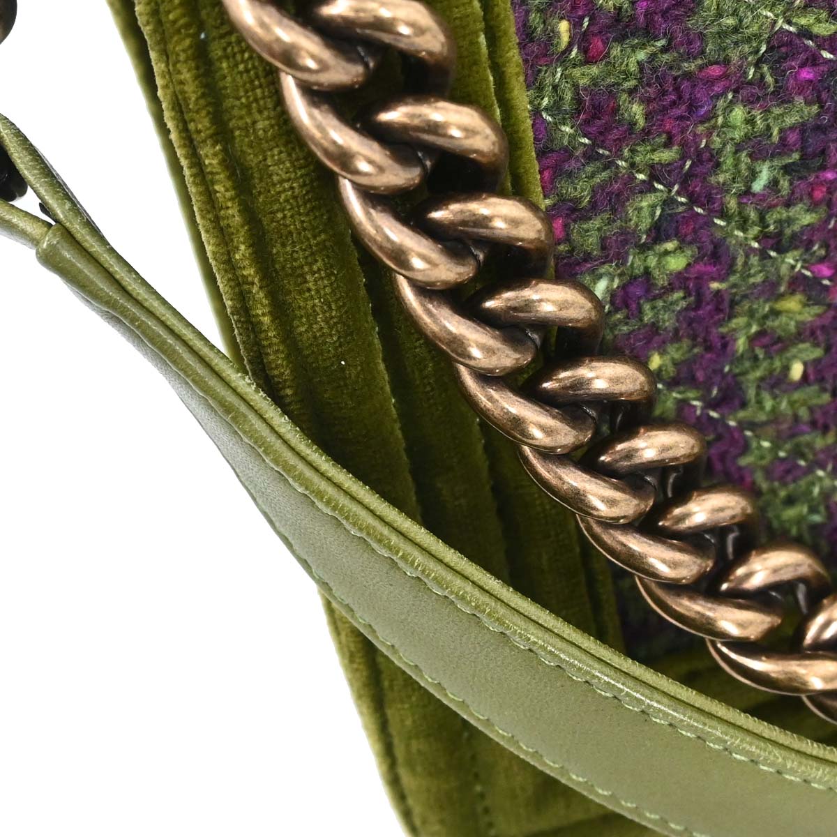 Boy Chanel Green Velvet Tweed Medium Shoulder Bag