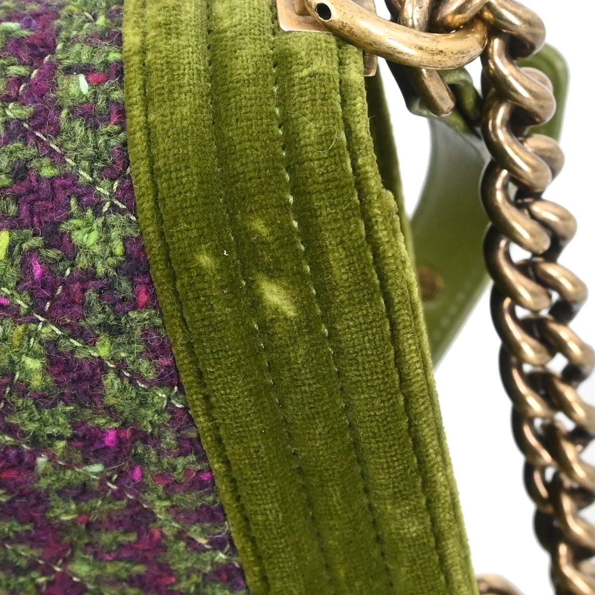 Boy Chanel Green Velvet Tweed Medium Shoulder Bag