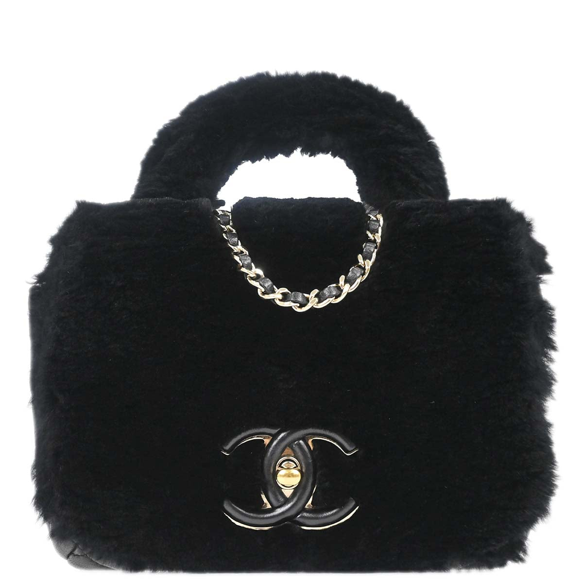 Chanel Black Rabbit Fur Paris-Cosmopolite Top Handle 2way Shoulder Handbag