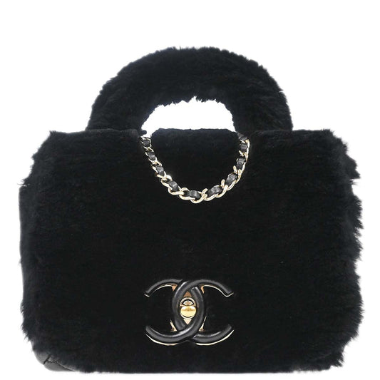 Chanel Black Rabbit Fur Paris-Cosmopolite Top Handle 2way Shoulder Handbag