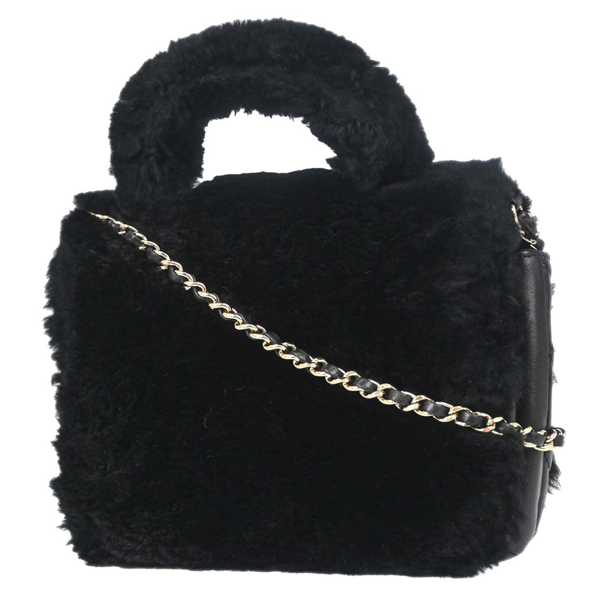 Chanel Black Rabbit Fur Paris-Cosmopolite Top Handle 2way Shoulder Handbag
