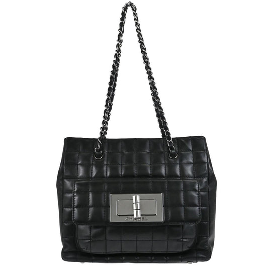 Chanel 2004-2005 Black Lambskin Choco Bar Mademoiselle Lock Tote Handbag