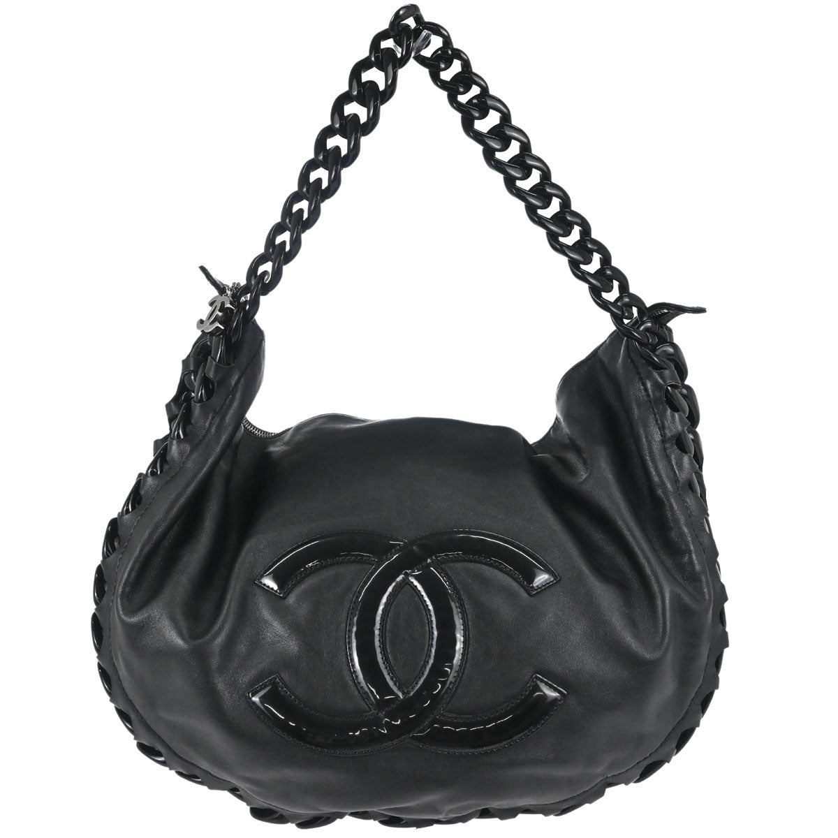 Chanel Black Calfskin Patent Leather Modern Chain Rhodoid Hobo Handbag