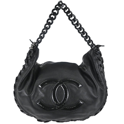 Chanel Black Calfskin Patent Leather Modern Chain Rhodoid Hobo Handbag