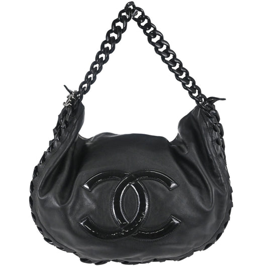 Chanel Black Calfskin Patent Leather Modern Chain Rhodoid Hobo Handbag