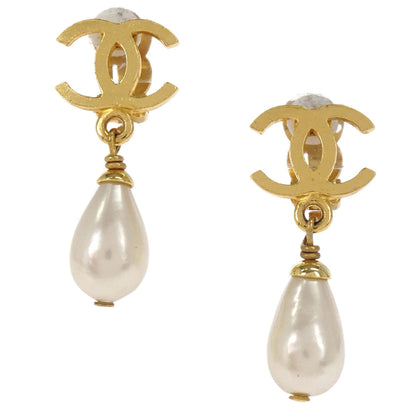 Chanel CC Teardrop Costume Pearl Dangle Clip-On Earrings Gold 96P
