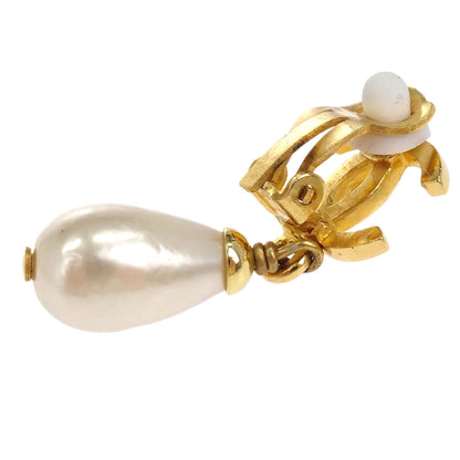 Chanel CC Teardrop Costume Pearl Dangle Clip-On Earrings Gold 96P