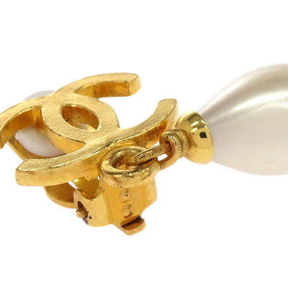 Chanel CC Teardrop Costume Pearl Dangle Clip-On Earrings Gold 96P