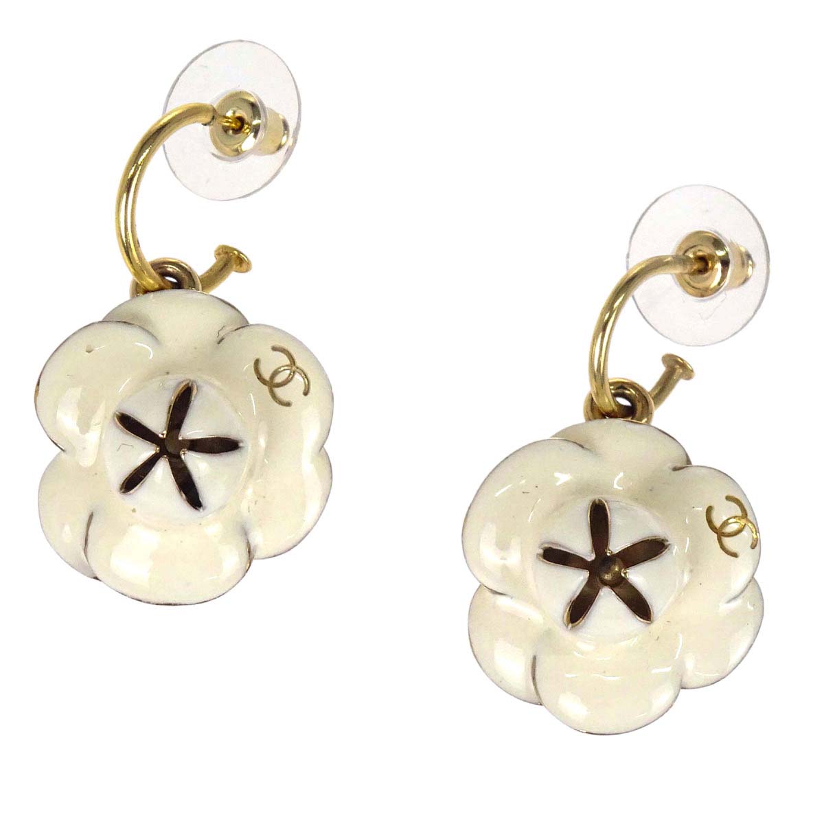 Chanel Camellia Pierced Earrings Gold White 02P